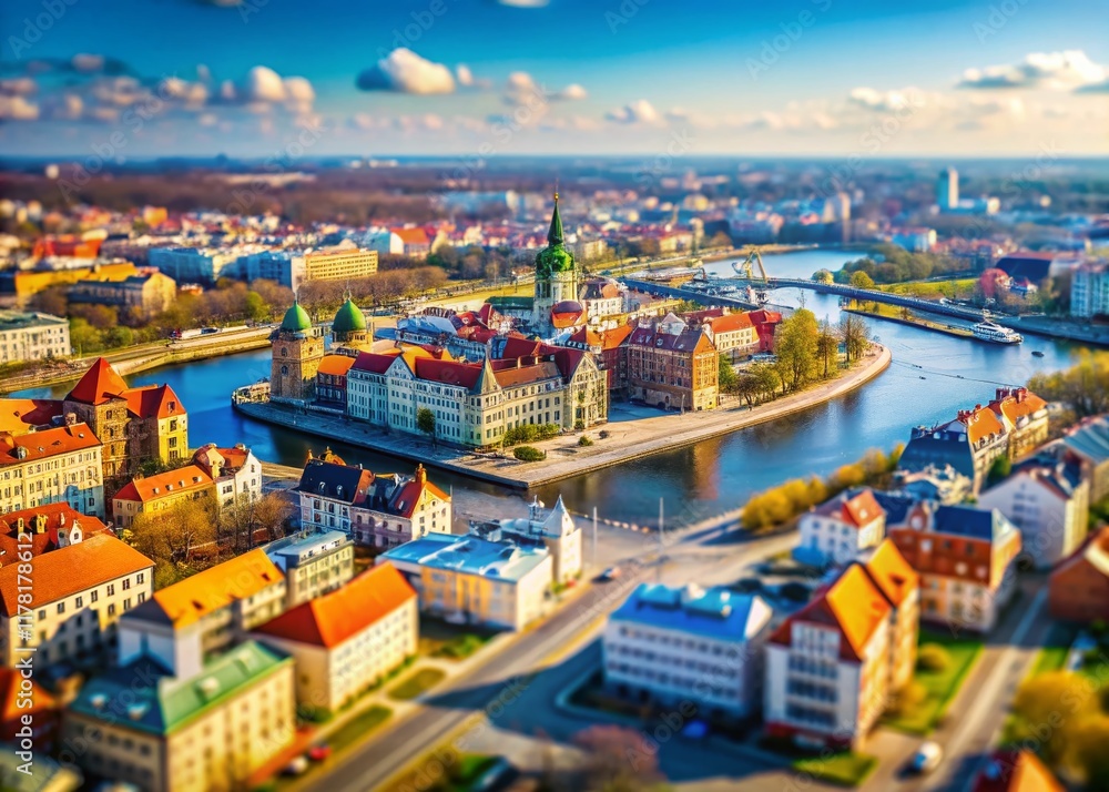 Naklejka premium Szczecin Aerial View: Tilt-Shift March Cityscape & Oder River