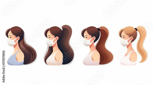 Cute vector portraits of girls in masks, showcasing stylish and safe ways to combat virus spread. photo