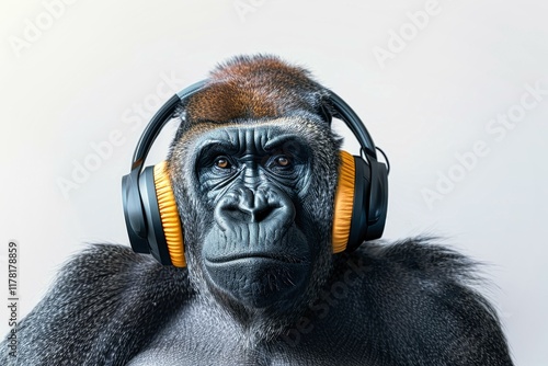  Gorilla wearing headphones enjoys music, funny animal portrait for humorous concept and entertainment themes photo