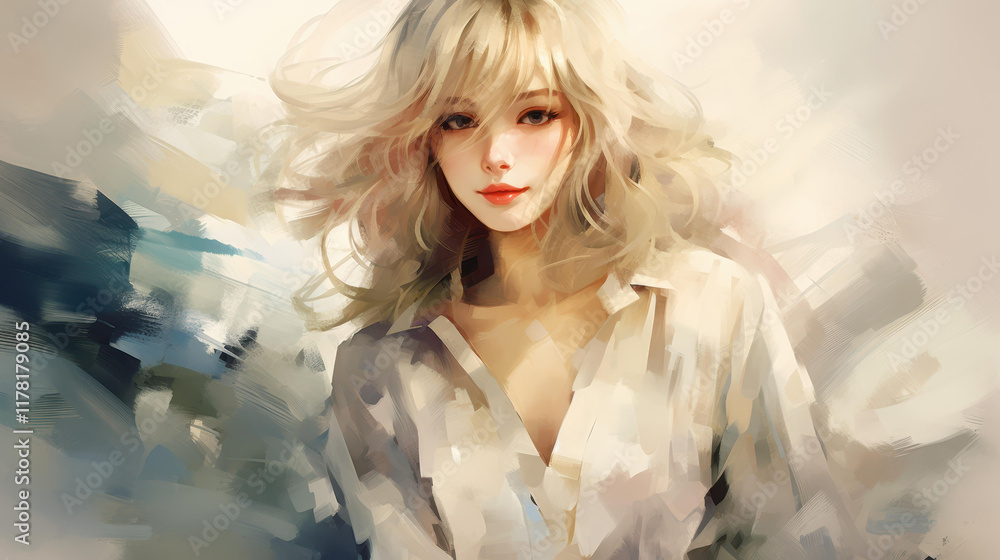 Captivating portrait of a blonde girl, her striking eyes reflect beauty and charm that draws you in. Captivating portrait of a blonde girl, her striking eyes reflect beauty and charm that draws you in.