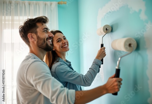 Fototapeta Naklejka Na Ścianę i Meble -  Happy young couple decorates home by painting wall in light teal color. Work together using paint rollers, look happy with positive attitude. Renovating house with love, enthusiasm. Interior home