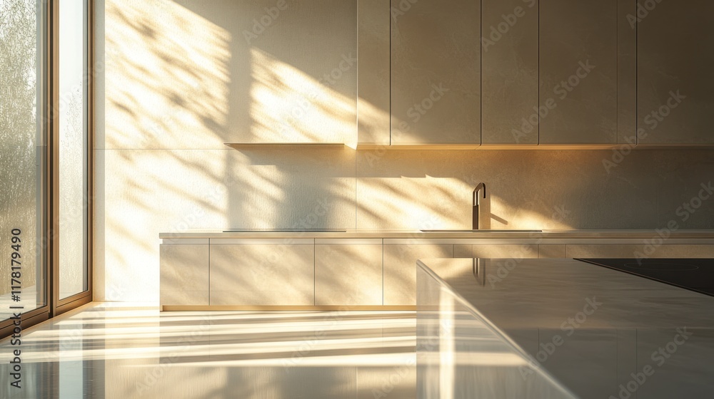 Obraz premium Sunlight casts soft shadows in a modern kitchen with minimalist design and sleek surfaces. Generative AI