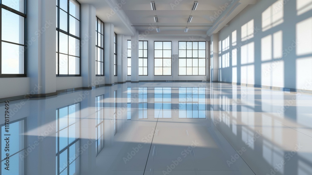 A sleek modern office featuring a spacious mockup wall, bright light, and minimalistic concrete and glass design. A sleek modern office featuring a spacious mockup wall, bright light, and minimalistic concrete and glass design.