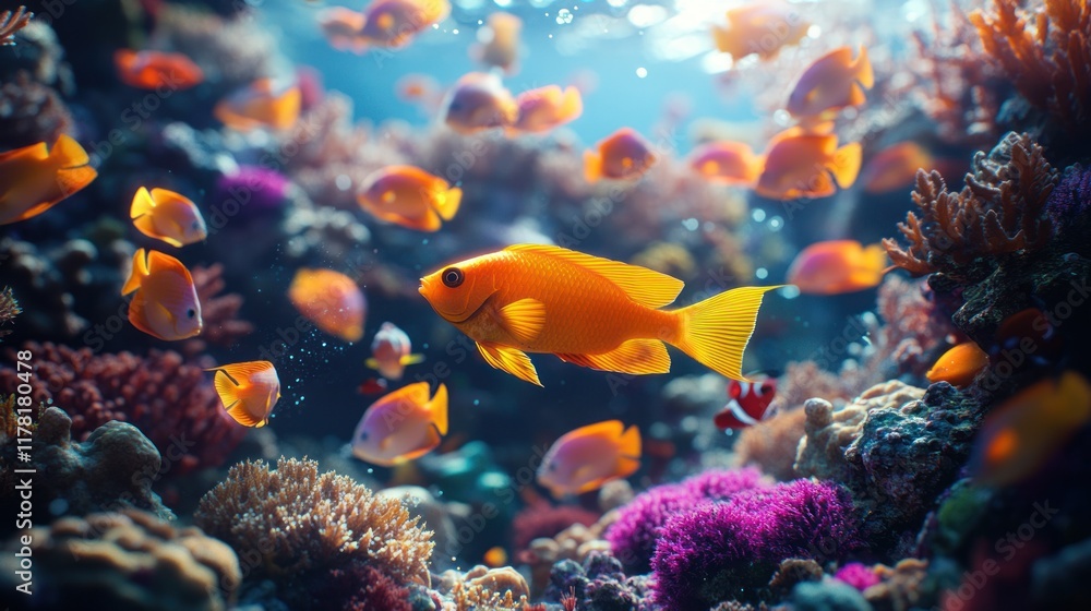 Fototapeta premium Colorful tropical fish swimming among vibrant coral reefs in a clear ocean environment. Generative AI