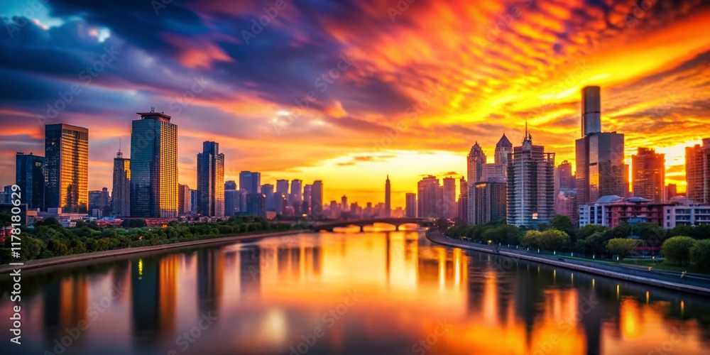 Obraz premium Tilt-Shift Cityscape Sunset: Dramatic Skyline & River Reflections