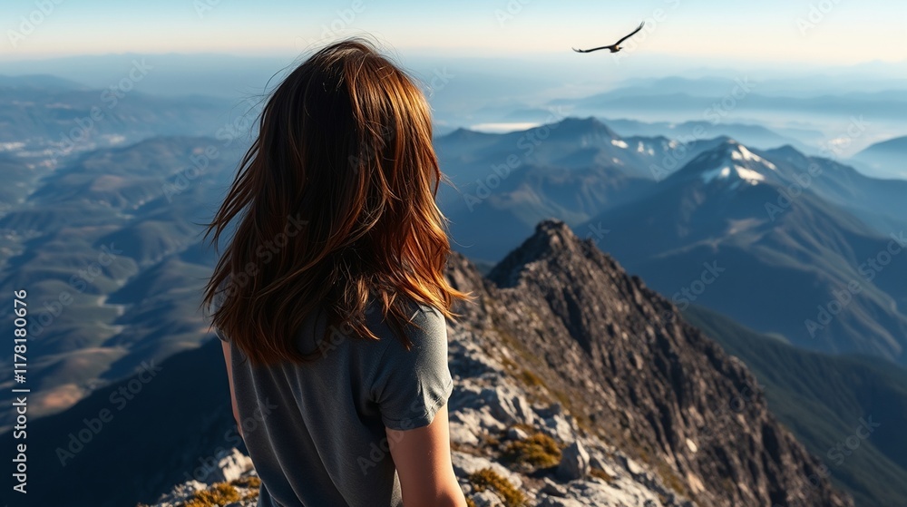 Naklejka premium Young Woman Admiring Majestic Mountain Range at Sunrise with Soaring Eagle