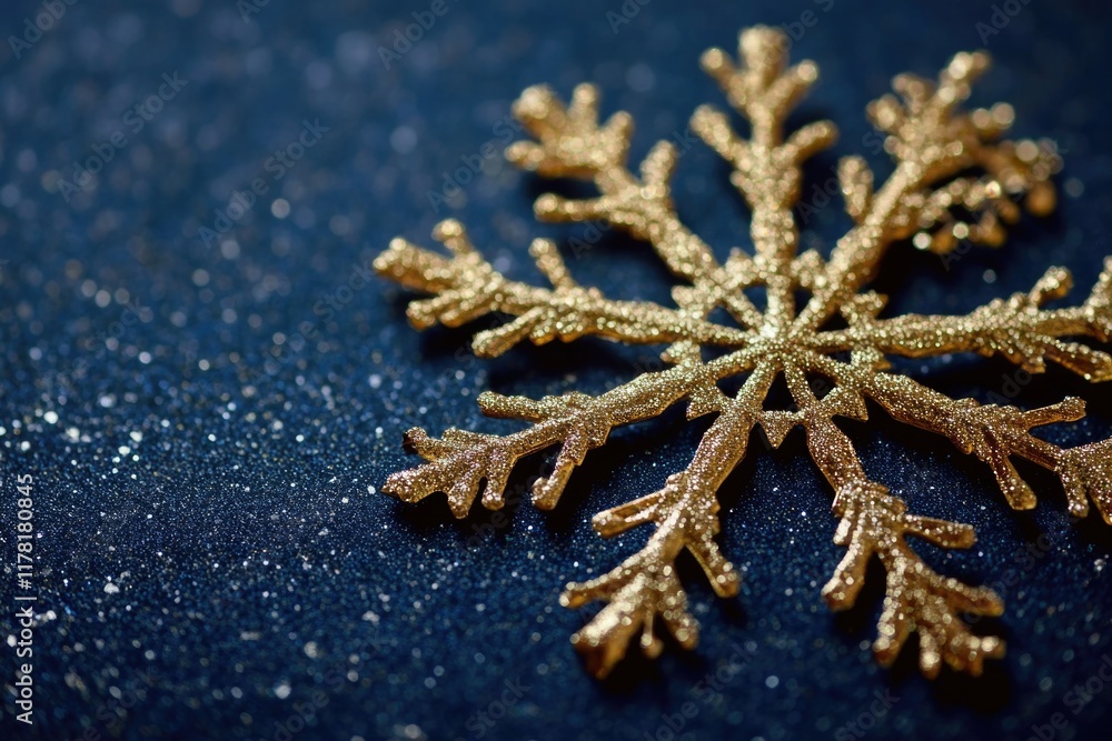A single gold snowflake rests on a deep blue background, perfect for winter-themed designs and decorations A single gold snowflake rests on a deep blue background, perfect for winter-themed designs and decorations