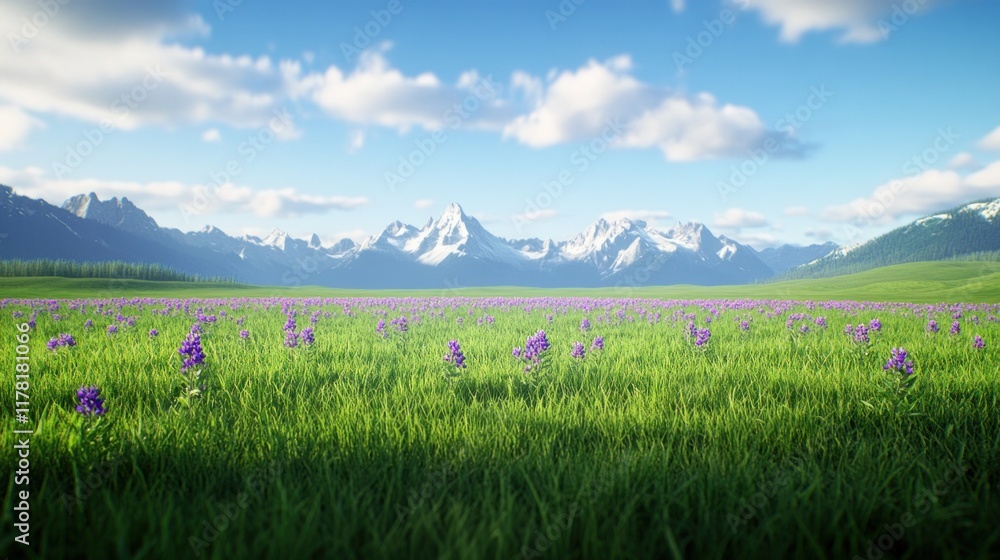 Obraz premium Scenic landscape with mountains and purple flowers under a blue sky.