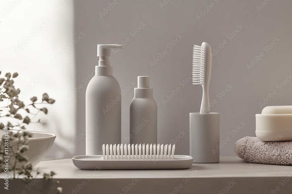 A minimalist bathroom vanity set with a soap dispenser, a smaller bottle, a hairbrush, and a toothbrush, all in a matching light gray color. A sprig of greenery adds a touch of nature to the scene. A minimalist bathroom vanity set with a soap dispenser, a smaller bottle, a hairbrush, and a toothbrush, all in a matching light gray color. A sprig of greenery adds a touch of nature to the scene.
