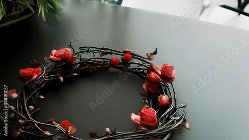 Wreath of red roses is displayed on a black background. 4K Video
