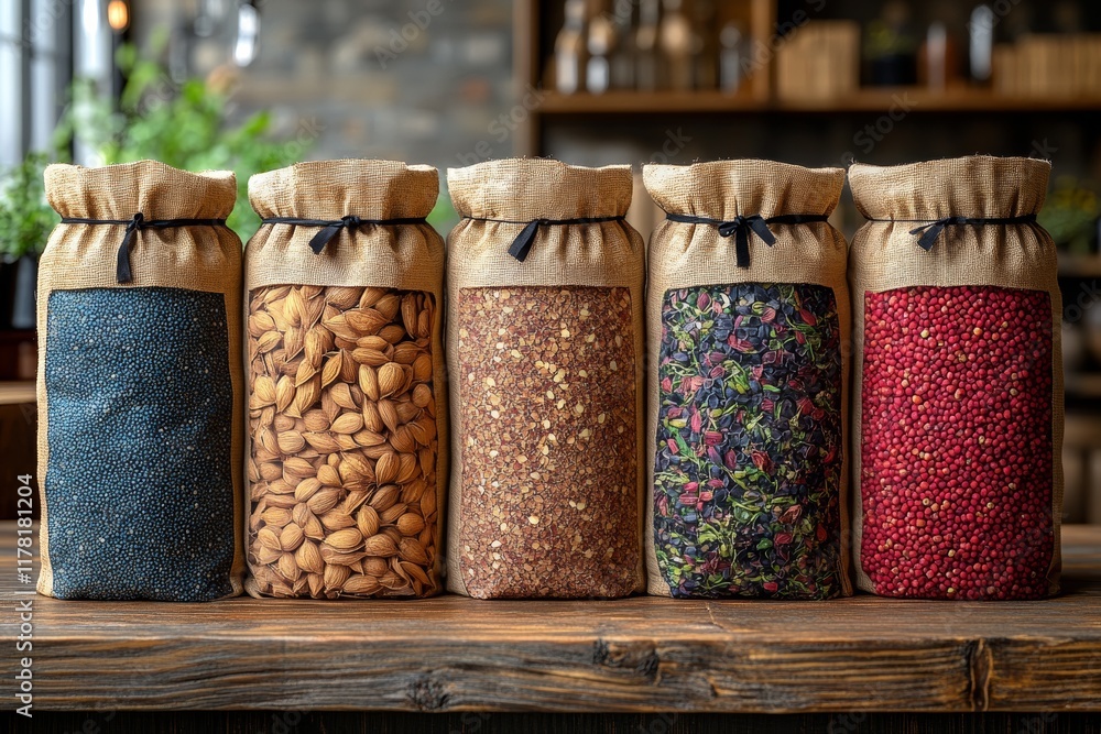 Fototapeta premium A collection of five glass jars filled with various dried ingredients, each covered with a burlap sack and twine. The jars sit on a rustic wooden surface, creating a warm and inviting display