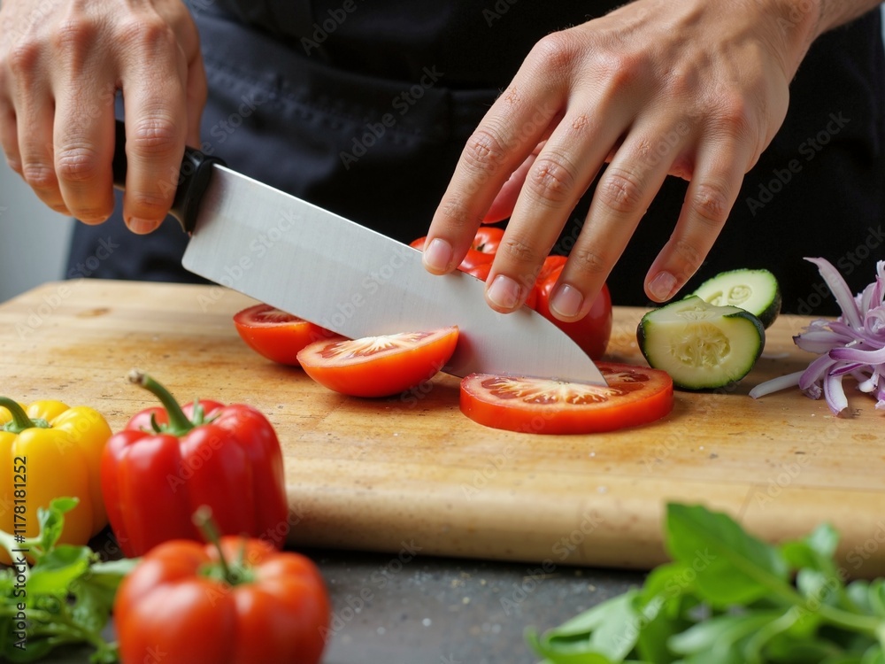 A chef's hands slicing a fresh vegetable with a sharp, professional kitchen knife on a clean wooden cutting board. A chef's hands slicing a fresh vegetable with a sharp, professional kitchen knife on a clean wooden cutting board.