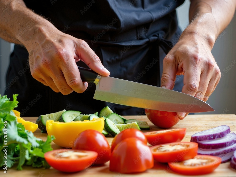 A chef's hands slicing a fresh vegetable with a sharp, professional kitchen knife on a clean wooden cutting board. A chef's hands slicing a fresh vegetable with a sharp, professional kitchen knife on a clean wooden cutting board.