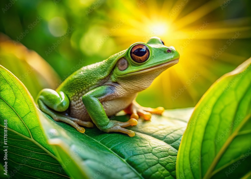 Obraz premium Tiny Green Frog Perched on a Lush Leaf - Candid Nature Photography