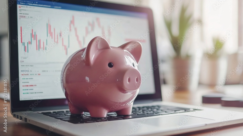 Piggy Bank on Laptop with Market Charts Displayed Piggy Bank on Laptop with Market Charts Displayed