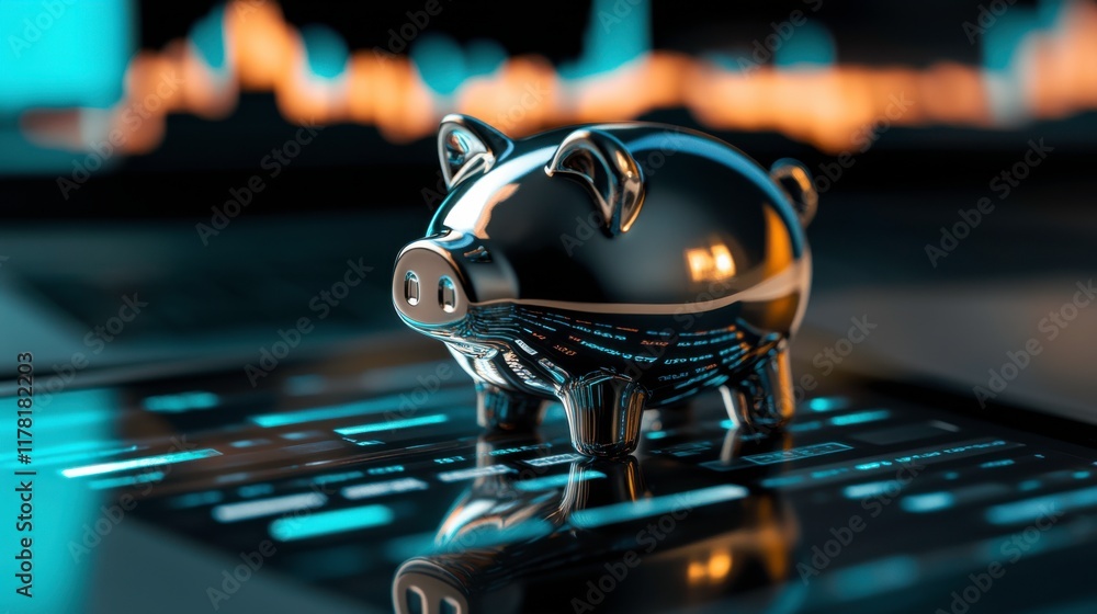 Polished Piggy Bank on Laptop Displaying Market Data