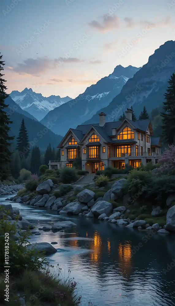 Fototapeta premium house lake in the mountains