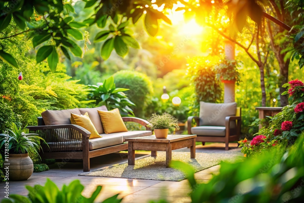 Obraz premium Tranquil Garden Relaxation Zone: Bokeh Background Stock Photo