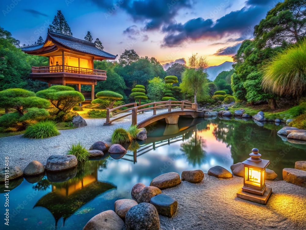 Fototapeta premium Tranquil Japanese Zen Garden: Long Exposure Photography of Raked Gravel, Koi Pond, Bamboo, and Tea House