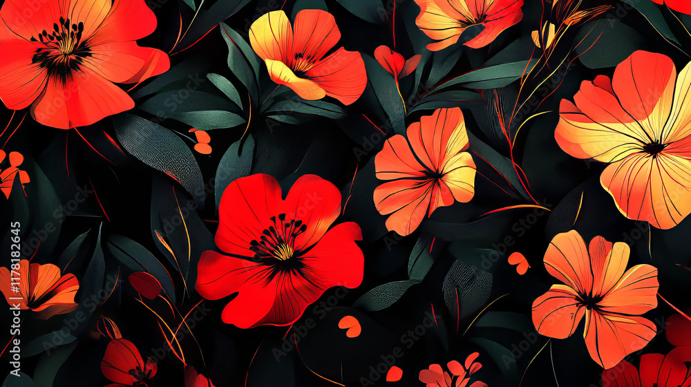 Vibrant red and orange floral pattern on dark background with dramatic contrasting leaves for striking designs Vibrant red and orange floral pattern on dark background with dramatic contrasting leaves for striking designs
