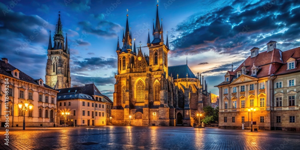 Fototapeta premium Husov Dom's historic landmark architecture illuminated in Prague's night, a stunning display of Czech detail.