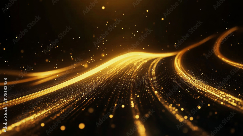 Golden light trails with sparkling particles on a dark background, abstract motion design Golden light trails with sparkling particles on a dark background, abstract motion design