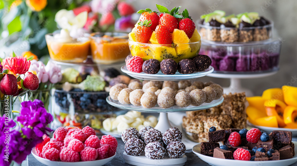 A colorful array of plant-based desserts, including raw energy balls, vegan brownies, and fruit parfaits, beautifully displayed on a tiered serving stand. A colorful array of plant-based desserts, including raw energy balls, vegan brownies, and fruit parfaits, beautifully displayed on a tiered serving stand.