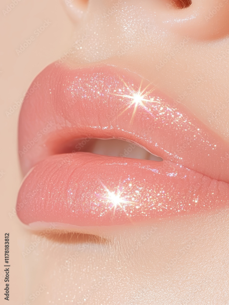 Fototapeta premium Glossy coral lips close-up with sparkling highlights, luminous and radiant beauty, lipstick for fashion and beauty industry
