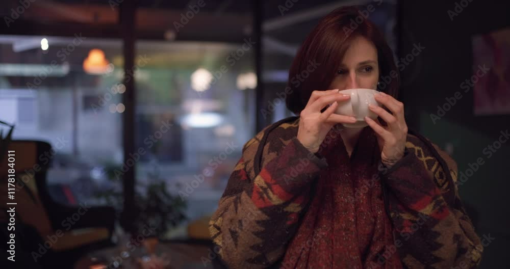 Woman enjoying a warm cup of tea in a cozy cafe setting with a serene expression and ambient lighting Woman enjoying a warm cup of tea in a cozy cafe setting with a serene expression and ambient lighting