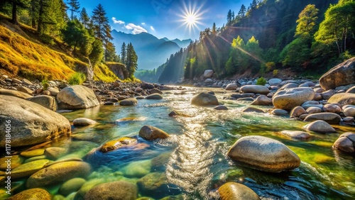 Uhl River Rocks: Candid Himalayan River Scene, Barot Valley, Himachal Pradesh, India photo