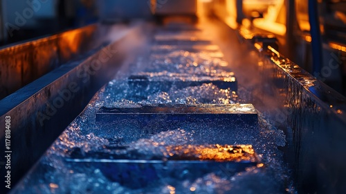 Industrial washing process with soapy bubbles and steam rising from metal trays in a factory setting during twilight, showcasing modern manufacturing techniques. photo