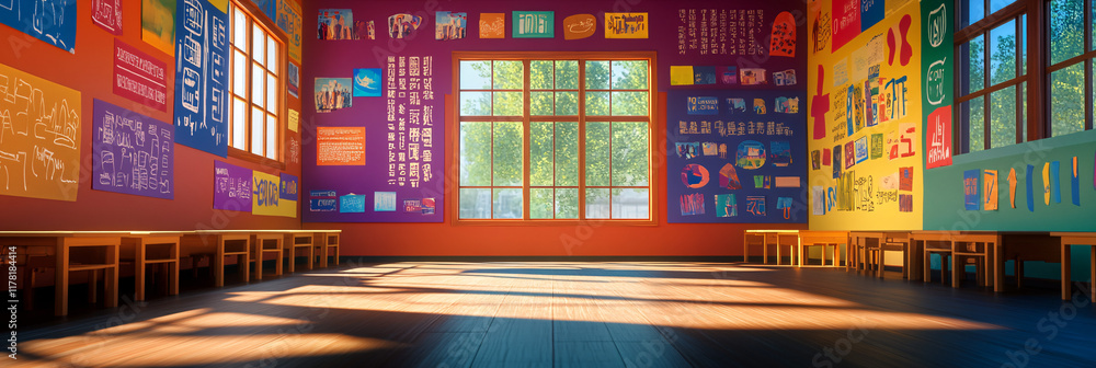 A colorful classroom scene, where the walls are covered in words and symbols from different languages, representing the immersive experience of learning a new language. A colorful classroom scene, where the walls are covered in words and symbols from different languages, representing the immersive experience of learning a new language.