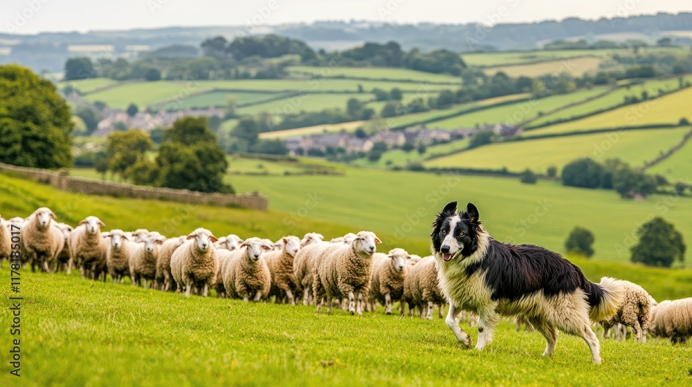Fototapeta premium A sheepdog herding a flock of sheep in a rolling green countryside field.