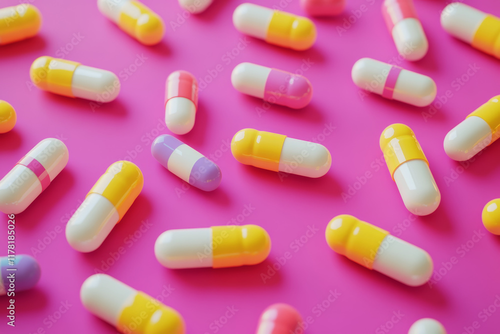 Colorful antibiotic capsules on vivid pink background, modern pharmaceutical design, playful concept. pharmaceutical drugs in for of pills Colorful antibiotic capsules on vivid pink background, modern pharmaceutical design, playful concept. pharmaceutical drugs in for of pills