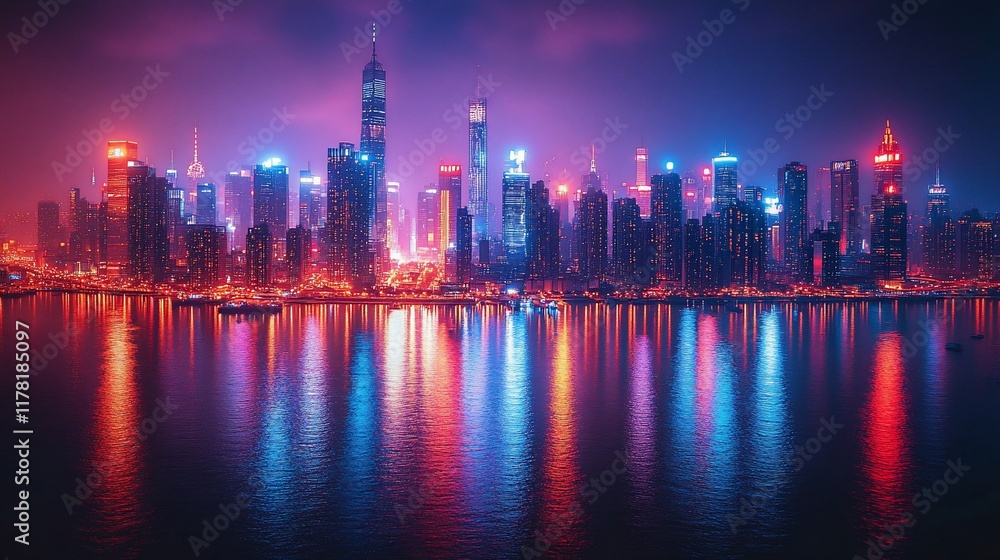 Obraz premium Nighttime Cityscape Reflecting In Water Vibrant Colors