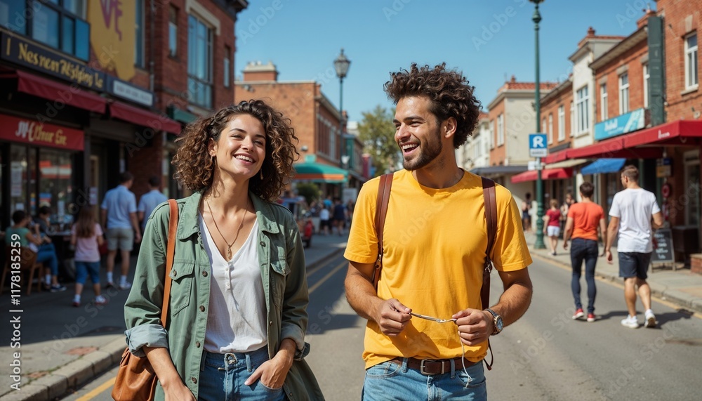 Obraz premium Candid Photo of a Couple Sharing Earphones Walking in a Vibrant City on a Bright Day