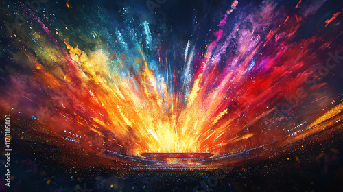 A colorful explosion of fireworks above a stadium, symbolizing the grand opening ceremony of the Olympic Games, filled with excitement and anticipation.  photo