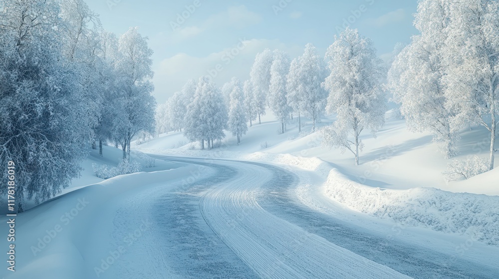 Snow-covered winding road surrounded by frosted trees in a tranquil winter landscape. Generative AI Snow-covered winding road surrounded by frosted trees in a tranquil winter landscape. Generative AI