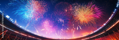 A colorful explosion of fireworks above a stadium, symbolizing the grand opening ceremony of the Olympic Games, filled with excitement and anticipation.  