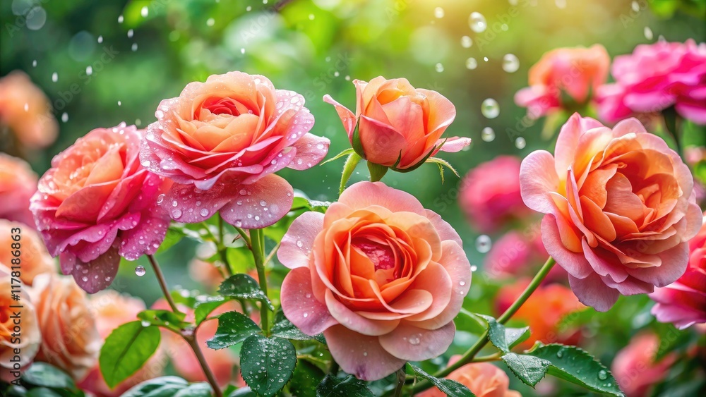 Fototapeta premium Stunning drone view: a lush garden awash with pink and coral roses, glistening with raindrops.