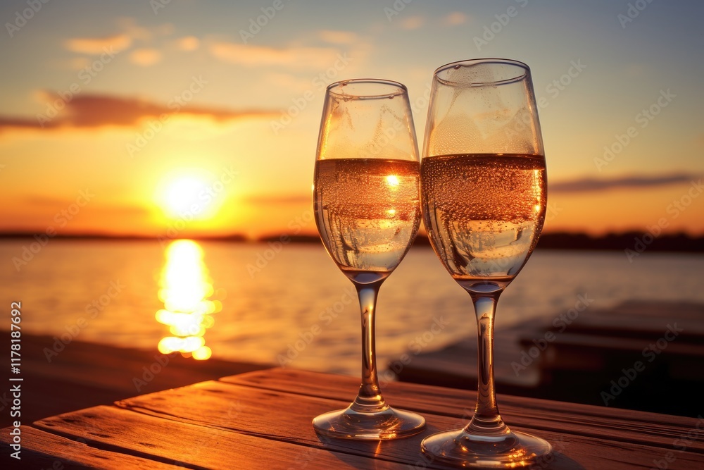 Romantic champagne flutes catch the warm glow of a sunset by the water, creating a perfect moment for celebration and togetherness in the evening Romantic champagne flutes catch the warm glow of a sunset by the water, creating a perfect moment for celebration and togetherness in the evening