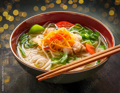 appetizing bowl of pho with chicken and vegetables, with chopsticks, elevated high angle