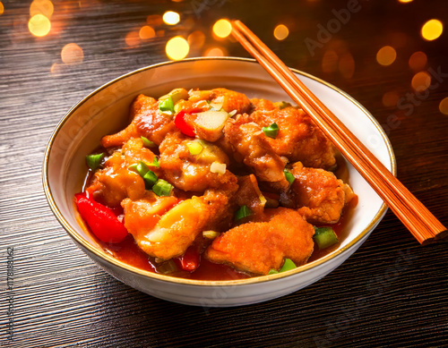 Chinese American meal of General Tso's chicken,  chopsticks on the side