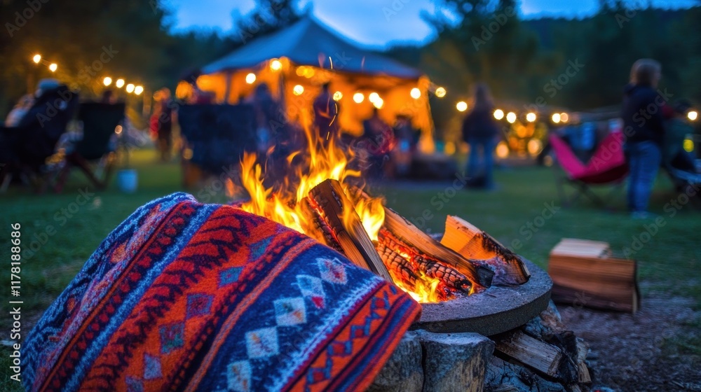 Obraz premium Cozy campfire scene at night with people socializing in the background.