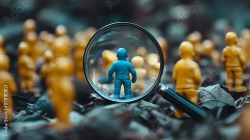 Wallpaper Mural Blue figure is looking through a magnifying glass at a group of yellow figures. 4K Video Torontodigital.ca