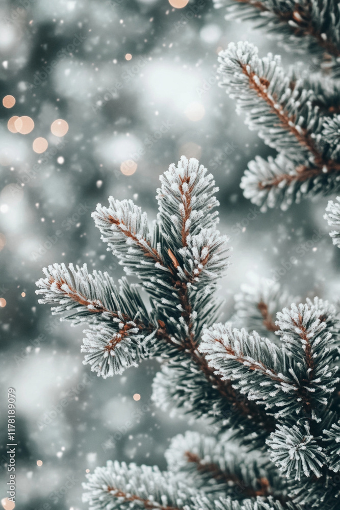 Christmas tree branches covered with snow, snowing around them Christmas tree branches covered with snow, snowing around them