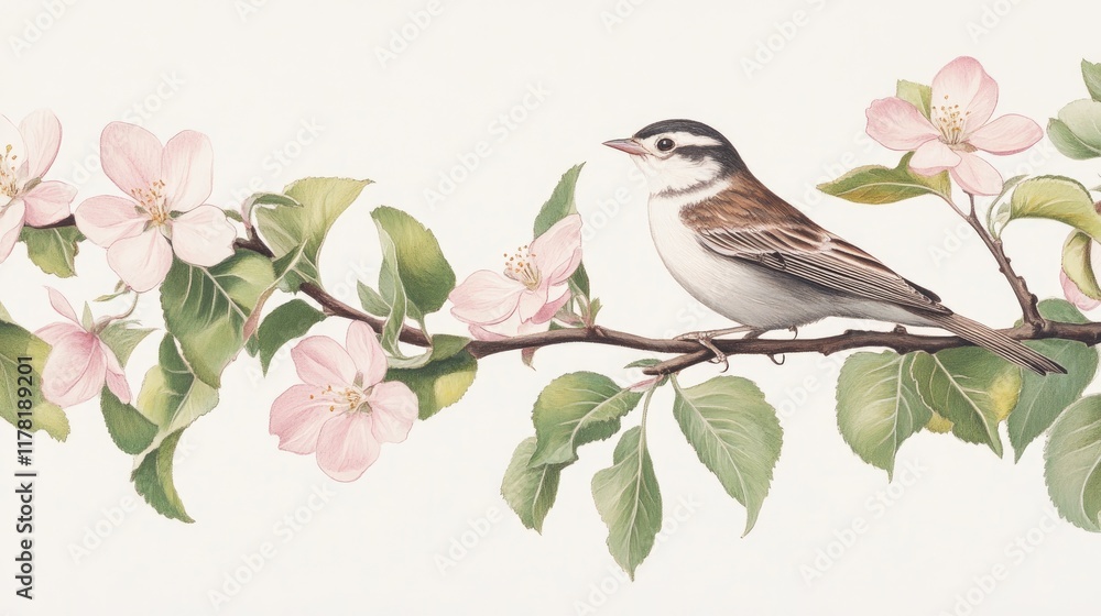 Fototapeta premium A warbler perched on a branch of fresh green leaves and pink apple blossoms.