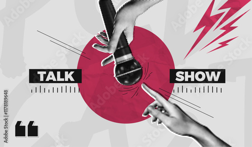 Trendy Halftone Collage Podcast broadcast. Hand holding studio microphone. Talk show and interview. Online radio news. Streaming service. Contemporary vector illustration art