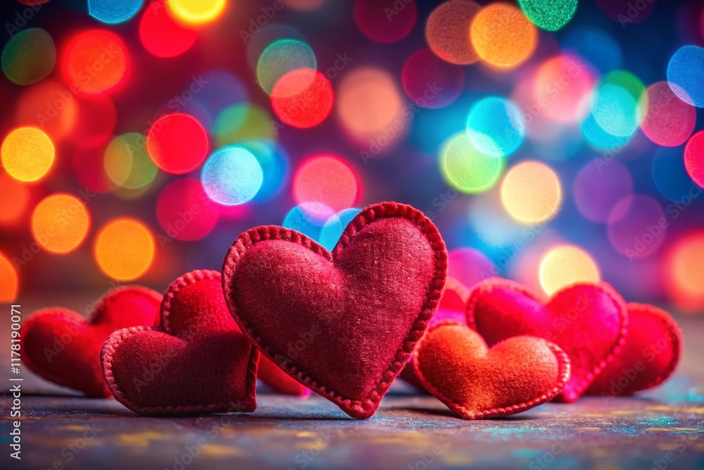 Obraz premium Valentine's Day Red Textile Hearts on Colorful Background - Stock Photo