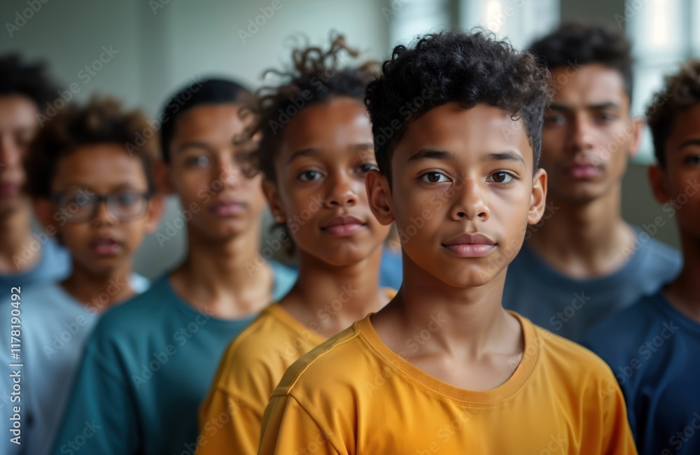 Obraz premium Diverse youth stand in line looking at camera. Serious expressions show unity. Group of young people show togetherness. Casual clothes. Indoor setting. Equality, diversity concepts. Photo embodies
